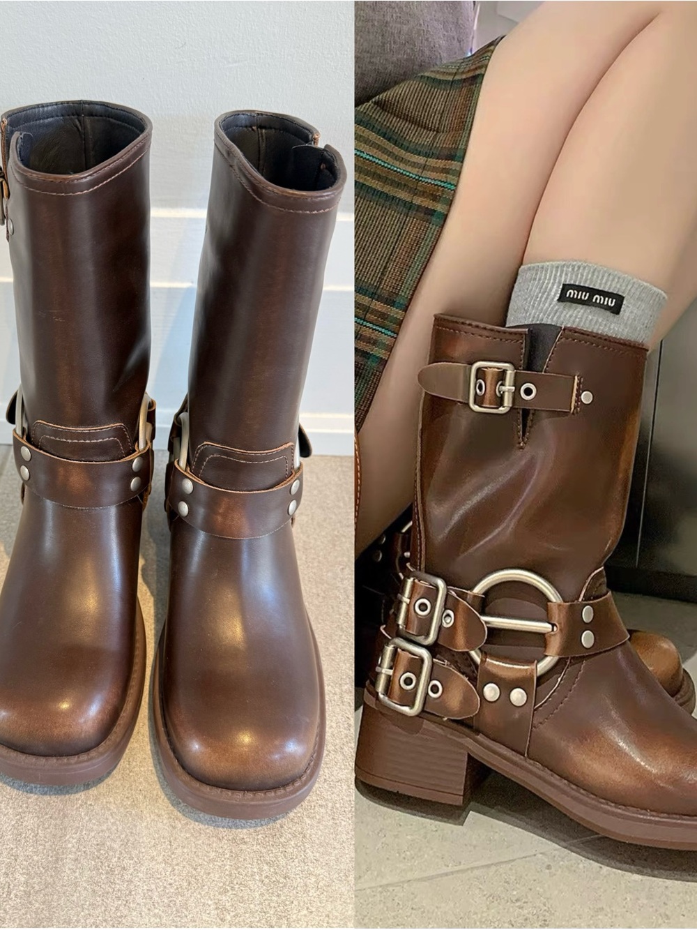 Brown Buckle Moto Boots / Mid-Calf Biker Boots
